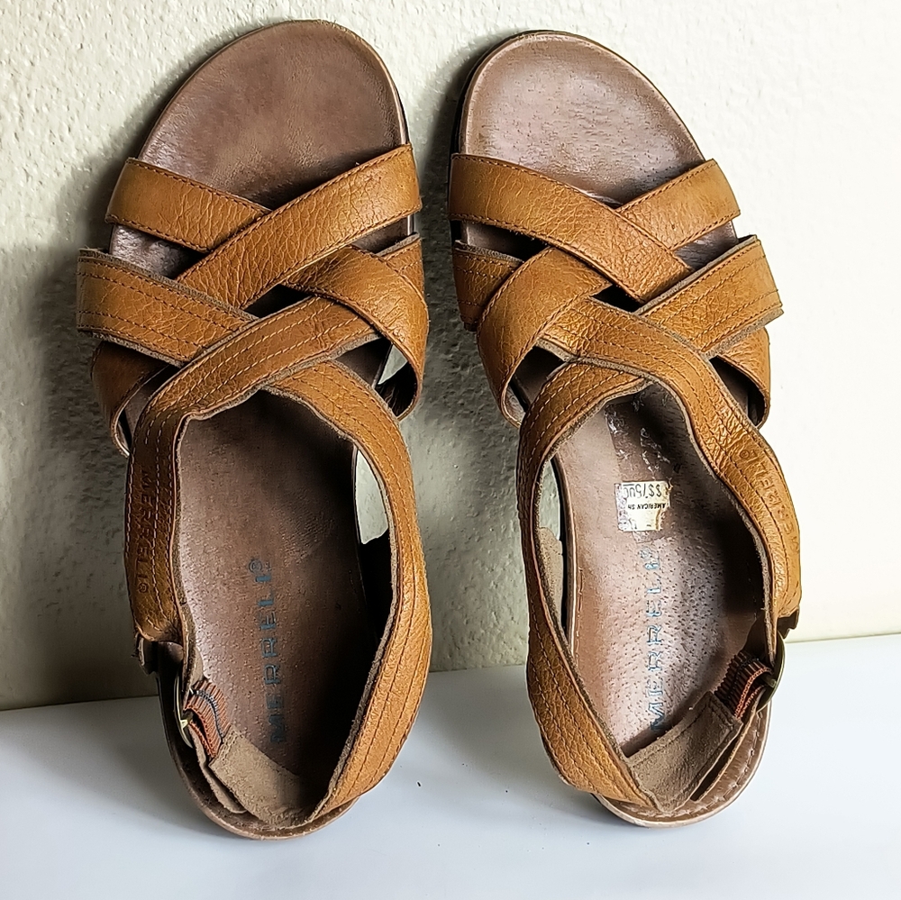 Merrell Bassoon 7 Tan Slingback Sandals with Intricate Strap Design